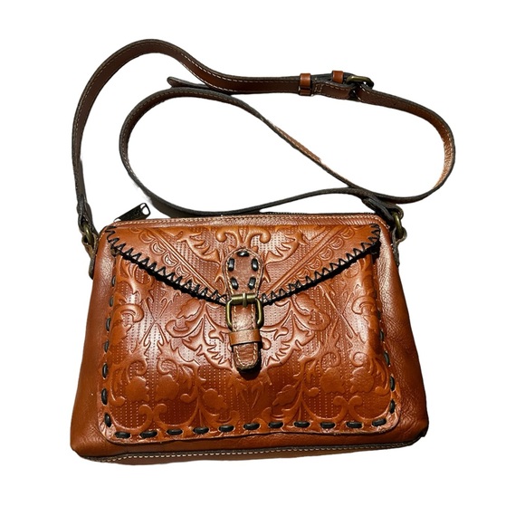 Patricia Nash Boho Vintage Tooled Brown Leather Crossbody Purse Bag - Picture 2 of 7